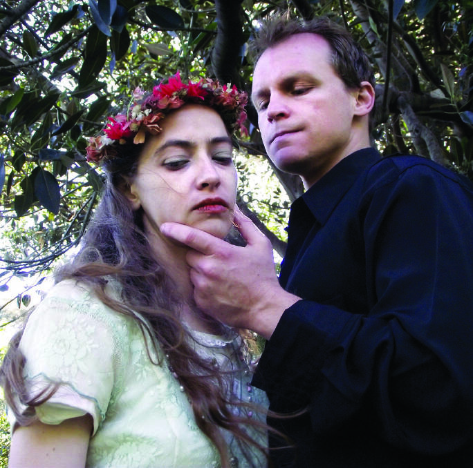 Hamlet (Seton Pollock) and Ophelia (Eleanor Ruth) in OZACT's production of Hamlet.