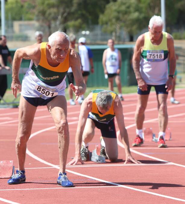 READY: Pentathlon athletes take their mark for the 200m dash. Picture: PETER WEAVING
