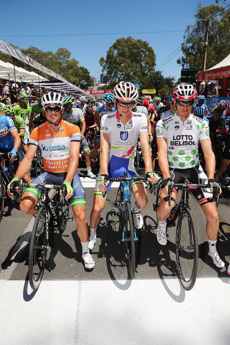 RACE WINNERS: Simon Gerrans, Jack Haig and Adam Hansen before stage six of the Tour Down Under. Picture: GETTY IMAGES