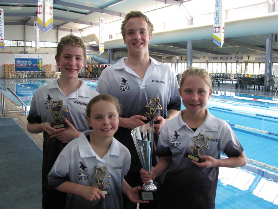 WINNERS: Bendigo East swimmers Jarrod Slot and Bryce Schubert with Amy Jacobsen and Ella Downing. Picture: CONTRIBUTED