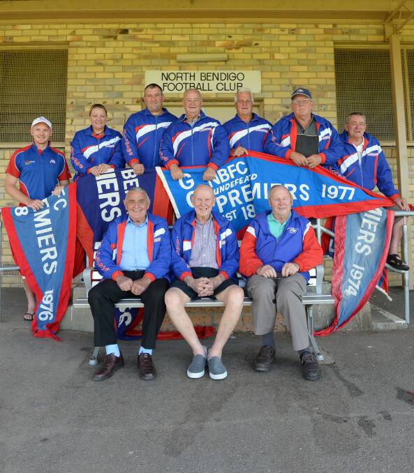 SEVEN ERAS: North Bendigo Football Netball Club greats Tyson Findlay, Bobbie Simpson, Andrew McClellan, John Pysing, Terry Day, Peter Monkhouse Snr and Fred Warren. Front: Keith Robertson, Norm and Ken Phillips ahead of the club's 70th season. Picture: JIM ALDERSEY
