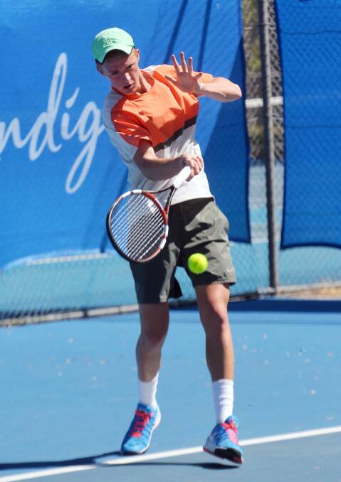 FOREHAND: Zac Lethlaen hits a winner in the premier tennis competition. Picture: BRENDAN McCARTHY