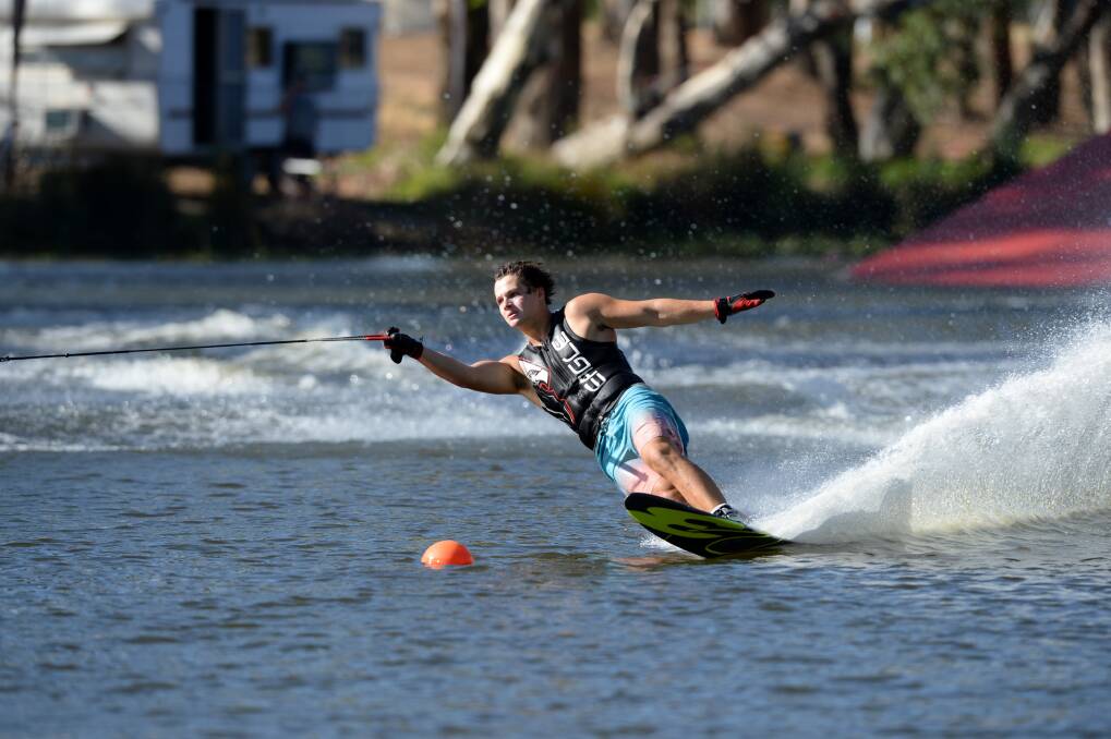BALANCE: Jarrah Burgess competes in the Australian Masters Water-Ski Championships. Picture: JIM ALDERSEY