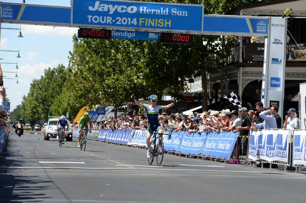 Simon Clarke wins the stage into Bendigo over Cameron Wurf and Jack Haig, stage 2 of the 2014 Jayco Herald Sun Tour. Picture: JIM ALDERSEY