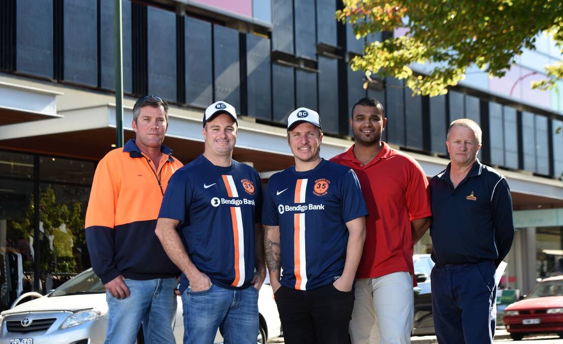 NEW SPONSORS: Mawsons' Rob Pople, with Bendigo City's vice-president Ben Pengelly, president Corey Scoble, committee member Arj Perera and Mawsons' Ramon Steel. Picture: JODIE WIEGARD