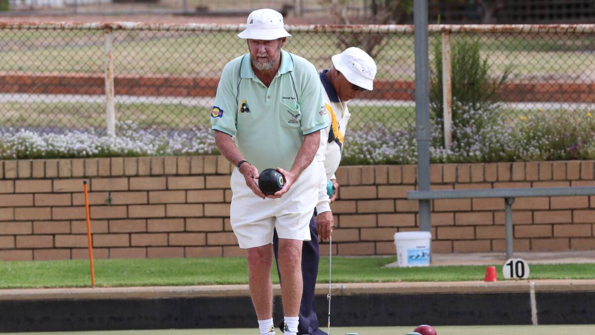 Day two of Country Week Bowls in Bendigo at Eaglehawk Bowling Club. George Bateman from Camperdown Golf Bowls Club and Vito Pellegrino from Wycheproof. 
Picture: PETER WEAVING