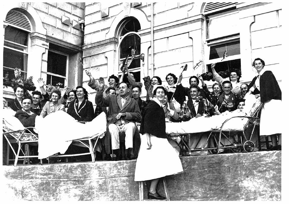 1954 The Queen's visit to Bendigo Hospital. In the photo are the tuberculosis patients with nurses Gwen Hill (middle front) and Brenda Hollis (far right). 