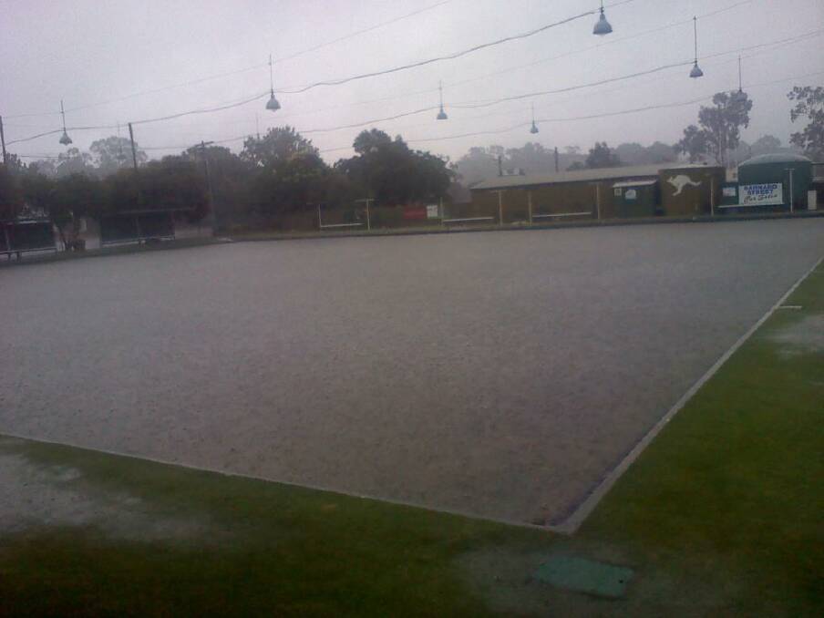 The flooded A bowling green at Station Street, Kangaroo Flat. Picture: Jim Fisher