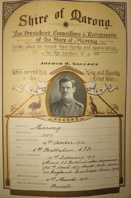 Private Arthur William Goulden's entry on the Marong roll of honour.
