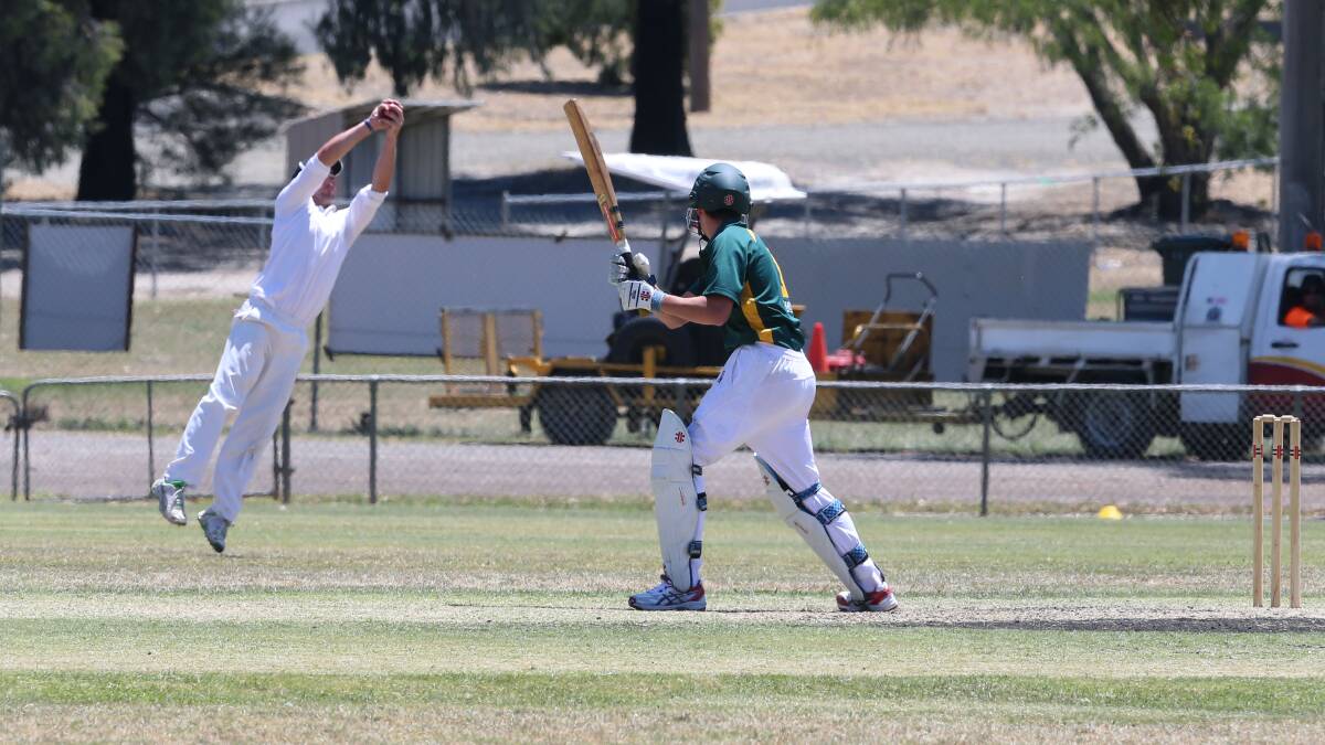 Country Cricket Week action at North Bendigo,Wimmera Mallee (batting) v Benella.
Jack Leith is caught out by Travis King.

Picture: PETER WEAVING
