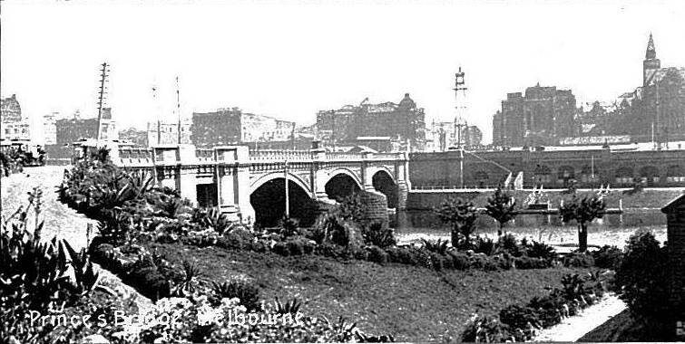 An old postcard featuring the Princes Bridge, Melbourne. 