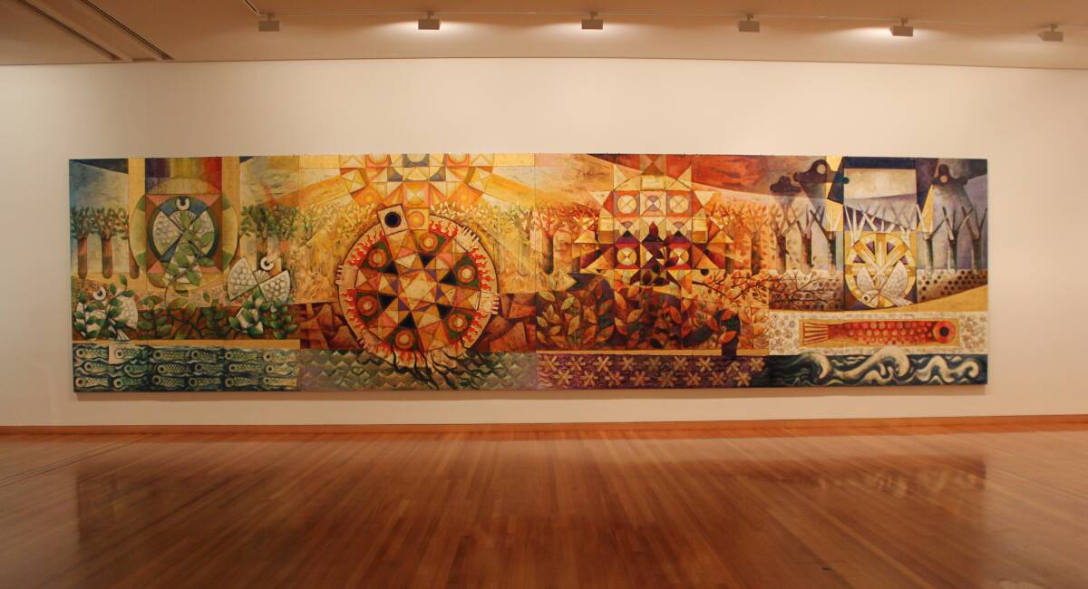 Leonard French, Journey of the Sun 1980, enamel, gold leaf on hessian on board. Collection Bendigo Art Gallery. Gift of Commonwealth Custodial Services under the Cultural Gifts Program 2003.