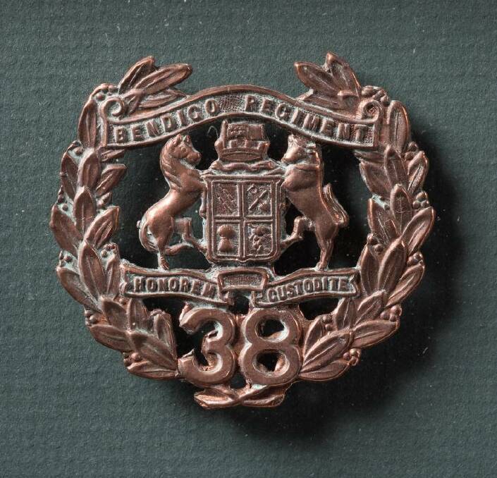 38th Battalion, hat and collar insignia circa 1914, brass. Collection Dennis O’Hoy.