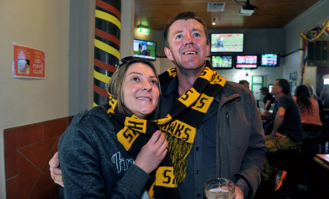 Hawthorn supporters Brooke Martin and Timmy McCarthy at the Hibernian Hotel, Golden Square. Picture: JULIE HOUGH