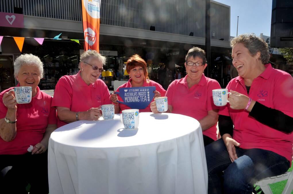 The Lifestyle Food Travelling Biggest Morning Tea in Hargreaves Mall last year. Pictured are Cassia breast cancer support group members Ronnie Martin, Jan Peirce, Susan Gale, Margaret Honeybone and Robyn Ridnell. Picture: Julie Hough 