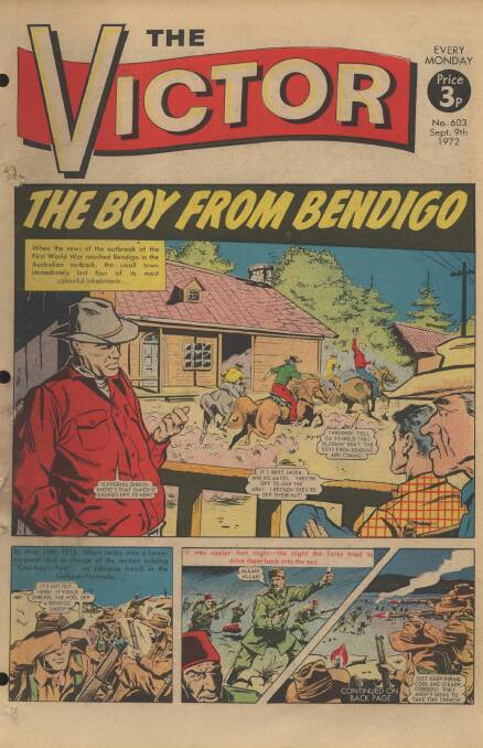 The Victory Newspaper, published in London during the 1970s, ran a comic strip called The boys from the Bush which detailed some of the feats of the 14th Battalion. While Albert Jacka was the only character named in the strip, it is widely thought the other members depicted are the three mates, DeAraugo, Howard and Poliness. Image courtesy D C Thomson & Co Ltd