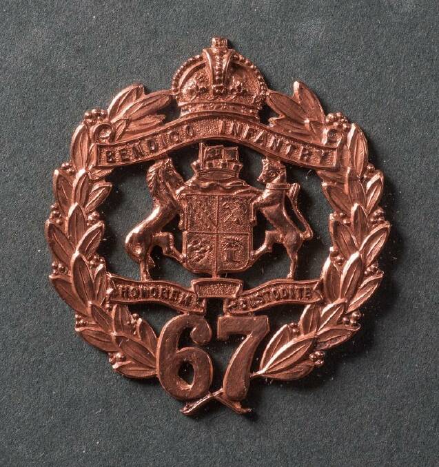 67th Battalion, hat and collar insignia circa 1914, brass. Collection Dennis O’Hoy.