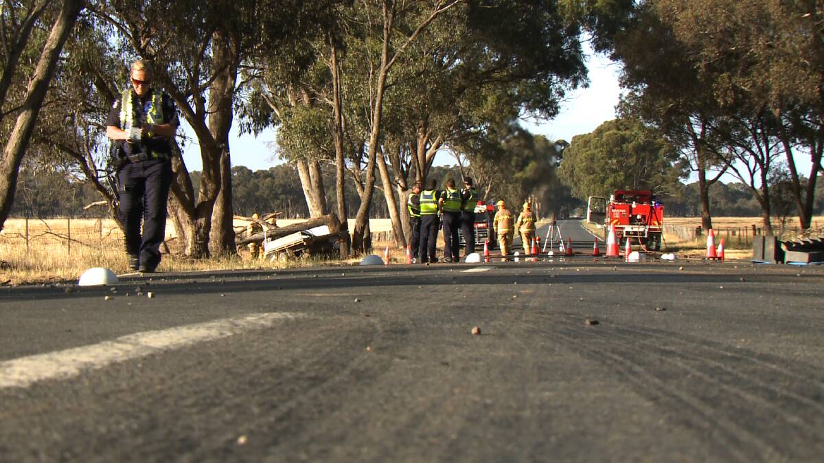 FATALITY: The scene of the crash on the Wimmera Highway at Wilsons Hill. Picture: APEX IMAGERY 