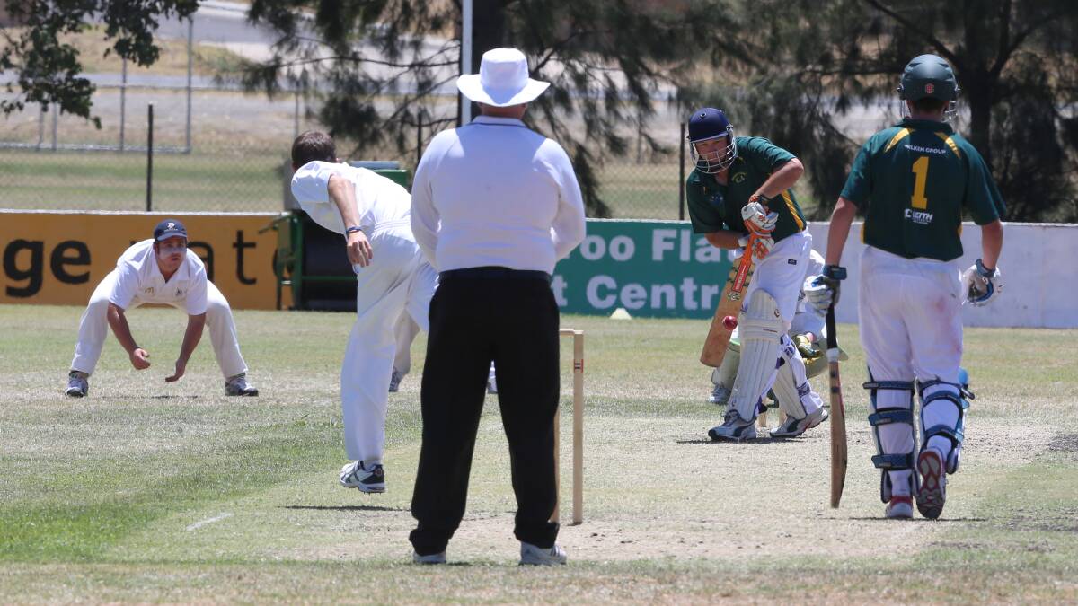 Country Cricket Week action at North Bendigo,Wimmera Mallee (batting) v Benella.
Batting Andrew Bayles.
Bowler Nathan Purcell.
Picture: PETER WEAVING
