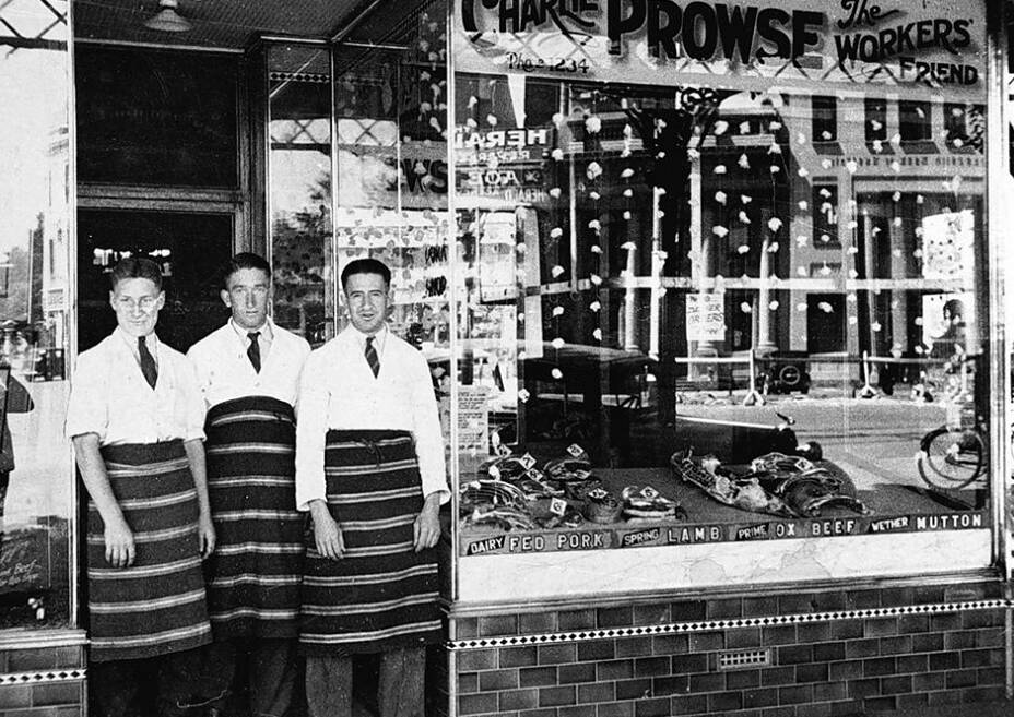 1937 Charles Prowse Butcher shop - C Pearson, Bill Gearon and Jim Prowse.