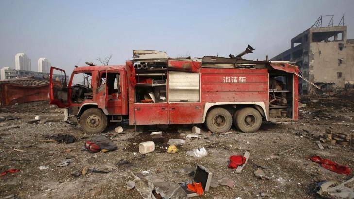 An abandoned fire truck at the blast site in Tianjin. Photo: China Daily/Reuters
