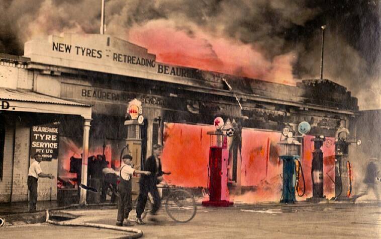 1935 A fire at Beaurepaires in Bendigo. The picture was supplied by Leigh McKinnon, who writes," It was hand coloured by my grandfather Arthur Hill, who was a part-time newspaper photographer for the Bendigo Advertiser in the 1930s and 1940s. His notes state that this picture was taken at 6.50pm on February 1, 1935."