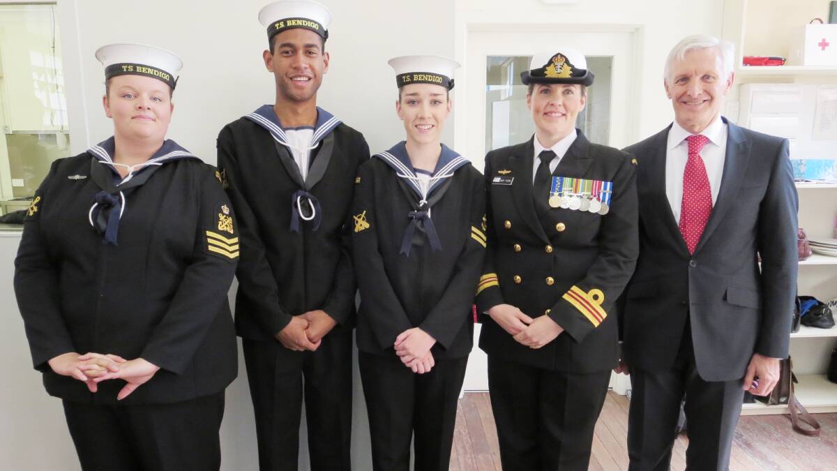 Pictured at St John’s Presbyterian Church’s Seafarer’s Service last Sunday are Naval Cadets Petty Officer Sophie Hamilton, Leading Seaman Leone Sevudredre, Leading Seaman Catherine Aikman, Lieutenant Commander Amy York, HMAS Cerberus, and the Reverend Peter Hastie from Presbyterian Theological College. Picture: Contributed