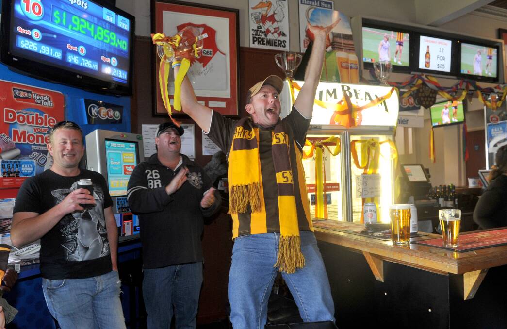 Hawthorn supporter Andy Muir gets excited when Hawthorn scores a goal. Picture: JULIE HOUGH