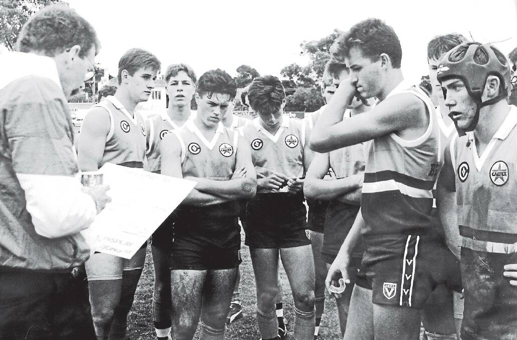 1993: Bendigo football legend and former Carlton star Tony Southcombe addresses his players as coach of the Bendigo Pioneers. This picture, taken in 1993 at Golden Square, shows Pioneers players Ricky Blake, Brad Doran, Tim Steen, Lachlan Brown, Wayne Maxtel and Rick Coburn. It was the Pioneers’ first season. Picture: BENDIGO ADVERTISER