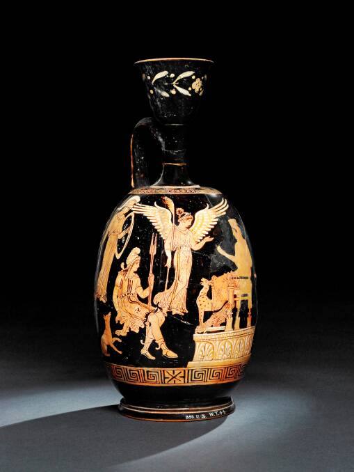 Red-figured oil bottle (lekythos). Apulian, about 365-350 BC, attributed to the Group of Vienna 4013, from Ruvo, Italy. © The Trustees of the British Museum
