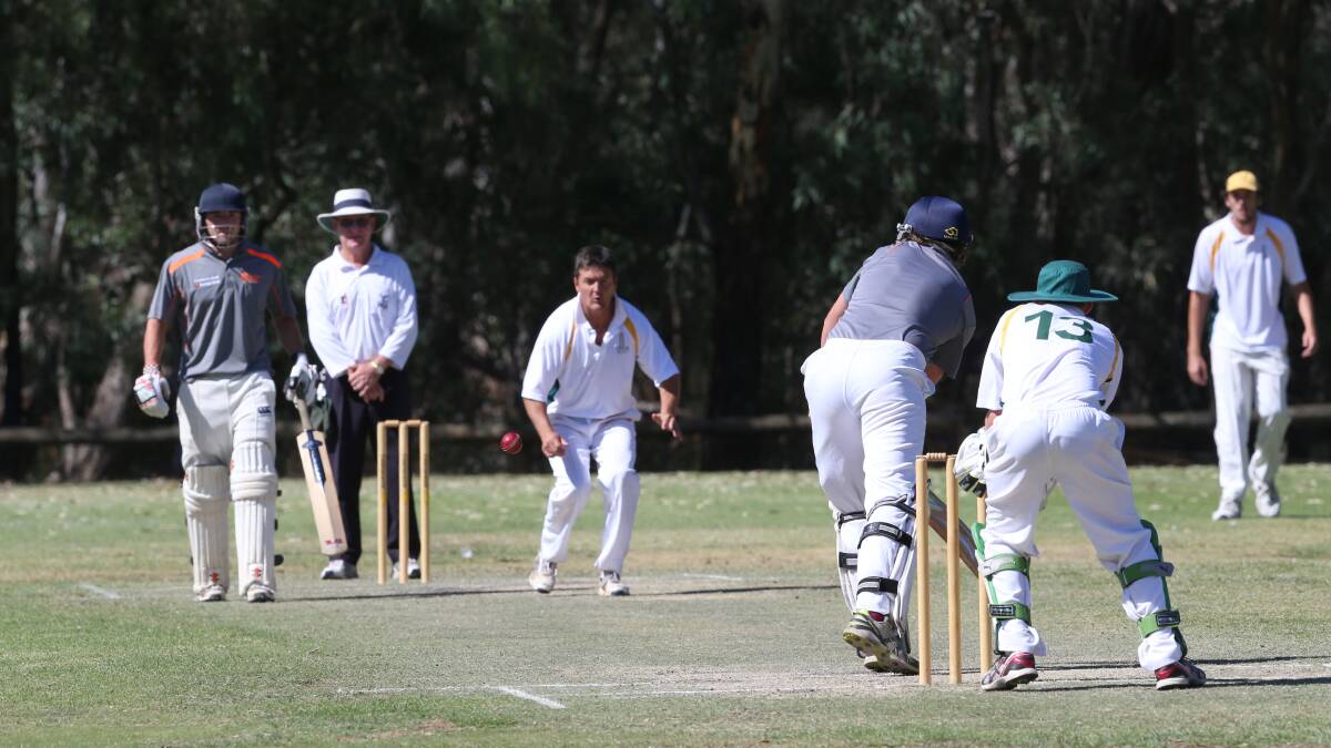 Country Cricket Week action at Bell Oval in Strathdale, Castlemaine's Jamie Allan bowls to Goulburn Murray's Steve Barrett. Picture: PETER WEAVING
