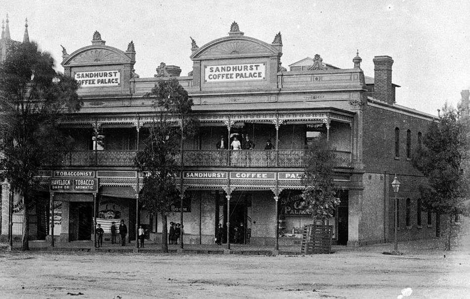 1890 The Sandhurst Coffee Palace that once stood at the corner of Mitchell and Mollison streets, Bendigo. It later became a boarding house before being demolished in the 1960s. The picture was taken by W.H. Robinson about 1890.