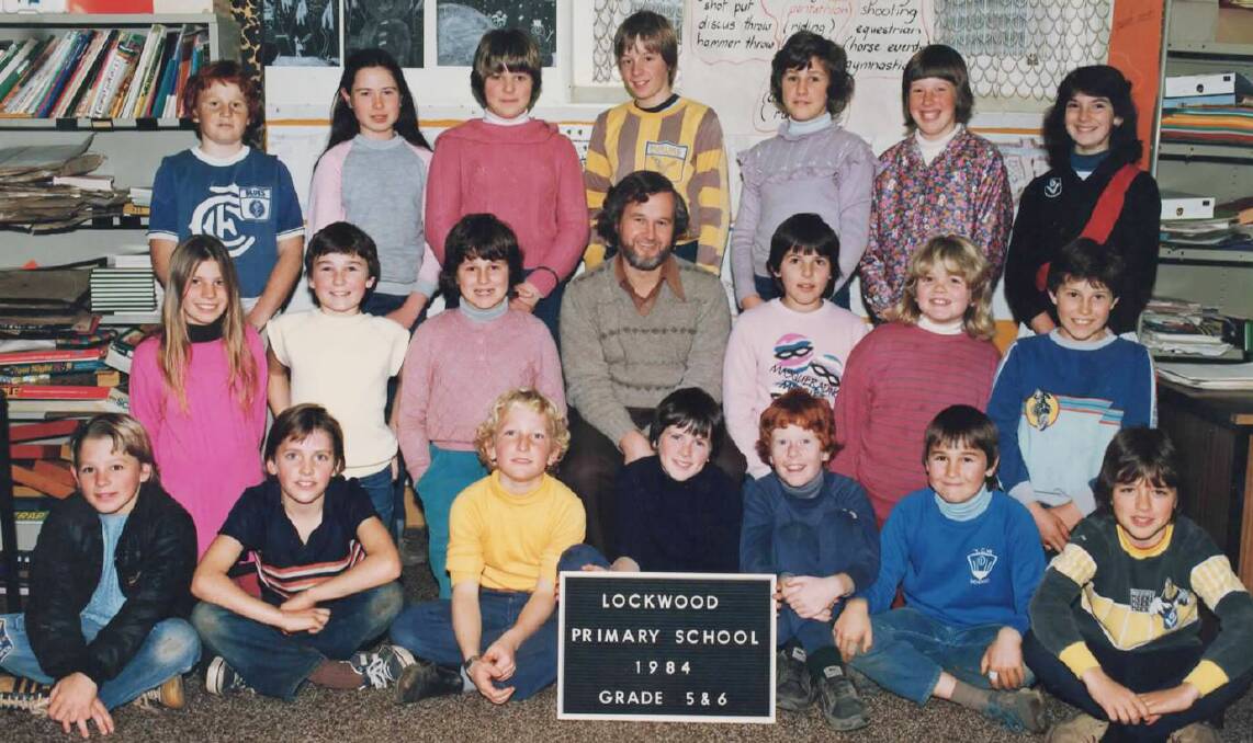 1984 Lockwood Primary School grades 5 and 6. Back row: John Comer, unknown, unknown, Daryl Crouch, unknown, Denise, Tina Glass. Middle row: Narelle Petravich, Aaron Stewart, unknown, Mr Crothers, Georgina Dixon, unknown, unknown. Front: Scott Warren, Paul Hogan, Scott Friswell, Anthony Hogan, Damian Mason, Nathan Stewart, unknown.