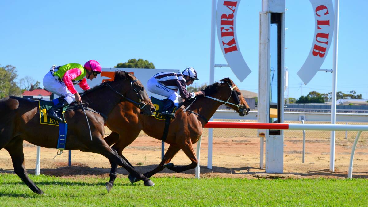 GRAND GALLOPER: De Mars holds on to win his final race start at Kerang. Pictures: CONTRIBUTED