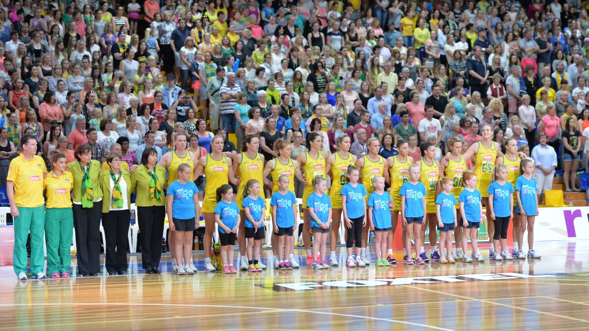 The Diamonds line up for the national anthem in front of a packed Bendigo Stadium. Picture: BILL CONROY