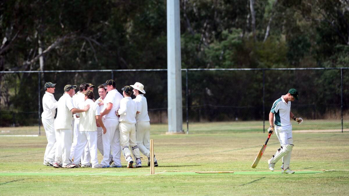 United players celebrate the wicket of Simon Marwood. Picture: LIZ FLEMING