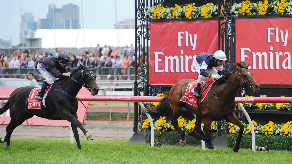 Green Moon winning the 2012 Melbourne Cup from Fiorente. Picture: GETTY IMAGES