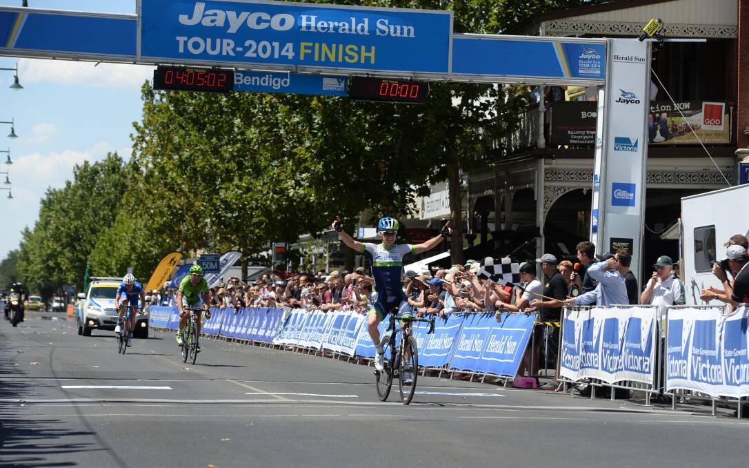 ELATED: Simon Clarke defeats Cameron Wulf and Jack Haig to win stage two of the Herald-Sun Tour.