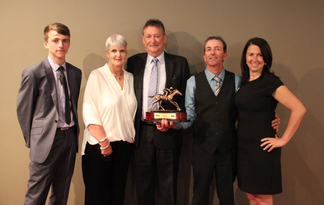 TEAM EFFORT: Master's Degree's track rider Toby Lake, owners Joanne and Ted Aldridge and trainer/owners Steven and Julie Lake.