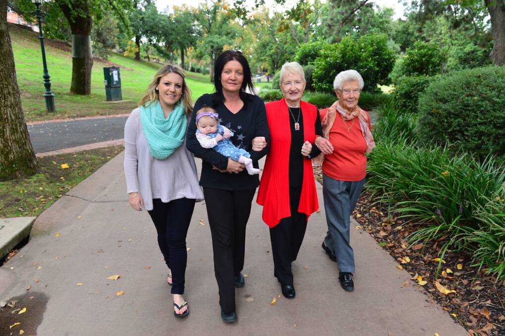 FRIENDS: Renee, 23, Letty, 10 weeks, and Lisa Ahearn, 46, with Joan Hunt, 70 and Ida Comte, 94. Picture: LEIGH SHARP
