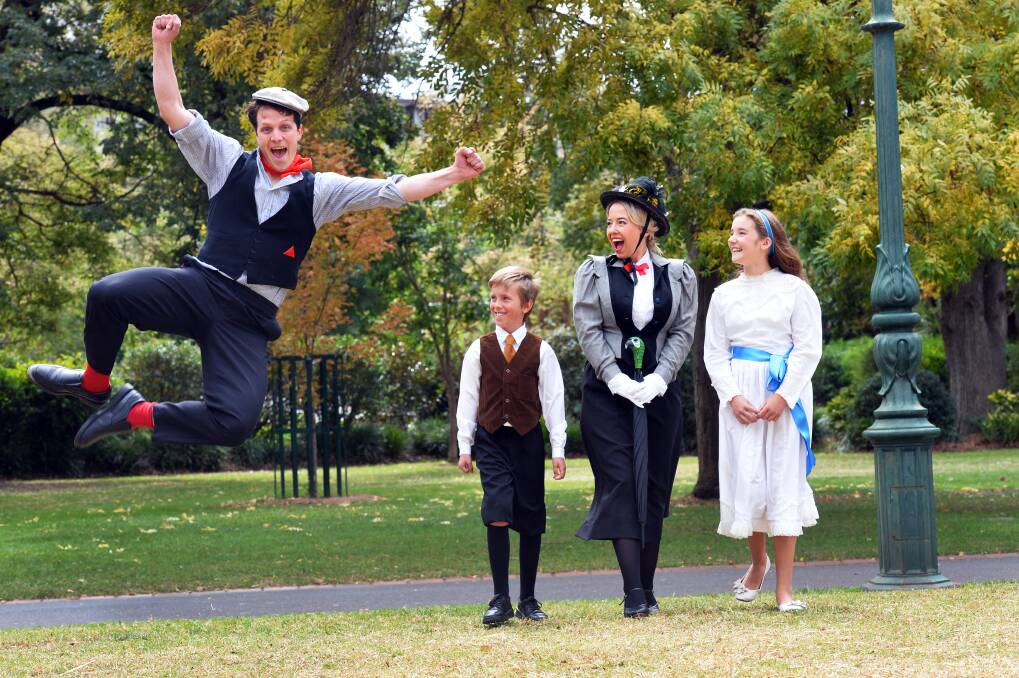 CAST: Paul Waldron as Bert, Oliver Scott as Michael Banks, Alicia Barker as Mary Poppins and Eliza Griffiths as Jane. Picture: BRENDAN McCARTHY