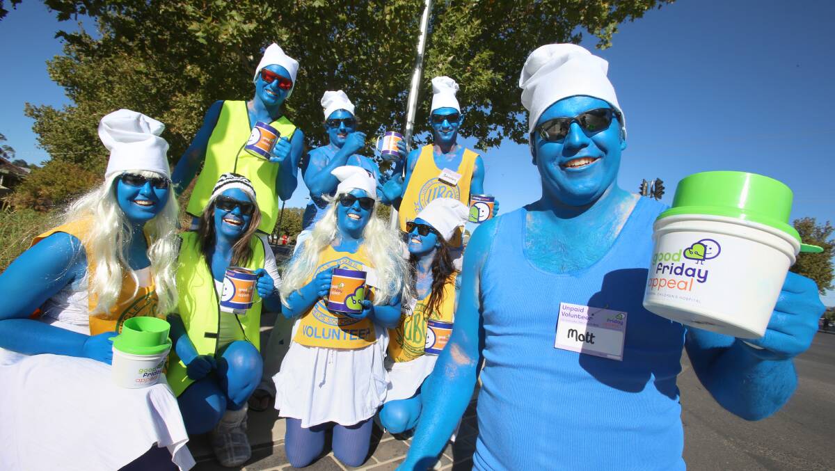 Smurfs collecting for RCH in Epsom High st traffic lights 
Outfront Matt Watkins
Girls Decinta Watkins, Rhiannon Veal, Olivia Harding and Natalia Smith
Boys Stephen McDonnell, Shane Anthony and Brendan March
Photo Peter Weaving 290313