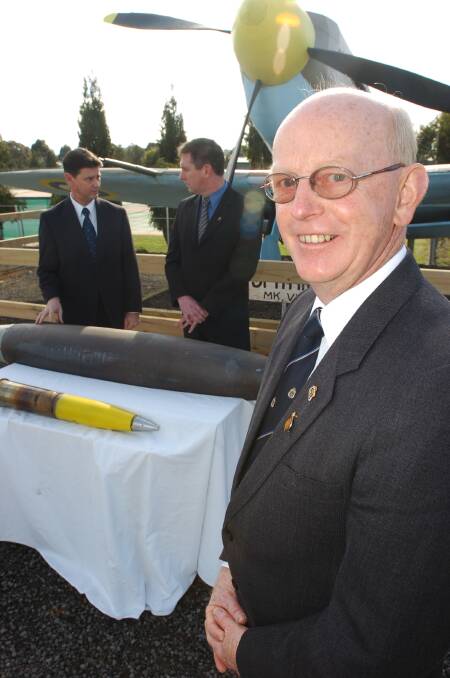 Bob Simpson ( Director ADI) with Cr Greg Williams and RSL President Cliff Richards  with some of the bombs that will be lent to the RSL for display..
pic by Andrew Perryman on Wed 3rd Aug 2005.