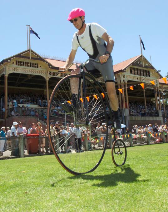 Ralph Brown races his penny farthing at the 145th Maryborough Highland Gathering
pic: Bill Conroy 2/1/06