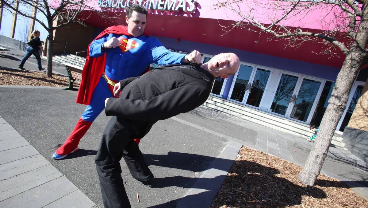 Blueball founation members Jamie Morganwearing superman costumes and Mike Elliott as Lex Tuther, promoting a ticket fundraiser they are doing for new Superman movie Man Of Steel.
Picture: Peter Weaving