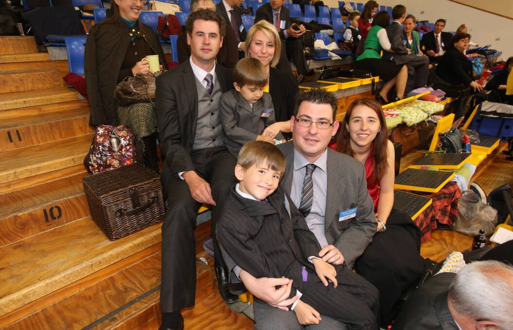 Jehovah's witness convention at Bendigo Staduim.
Matt and Kaarina Werner with Lachlan 4, Zachary 6, Luke and Biralee Francia.
Picture: PETER WEAVING