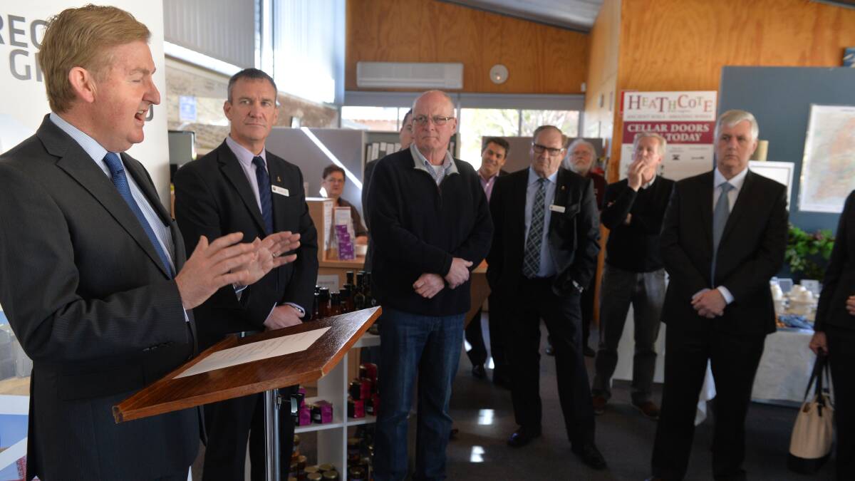WELCOME: Deputy Premier Peter Ryan announces the rollout of gas to Heathcote at the town's visitor information centre. Picture: BRENDAN McCARTHY
