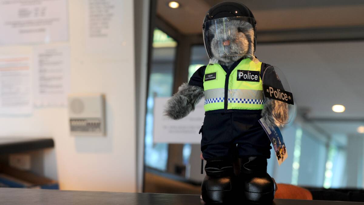 Constable T. Bear is right at home at the Bendigo police station.