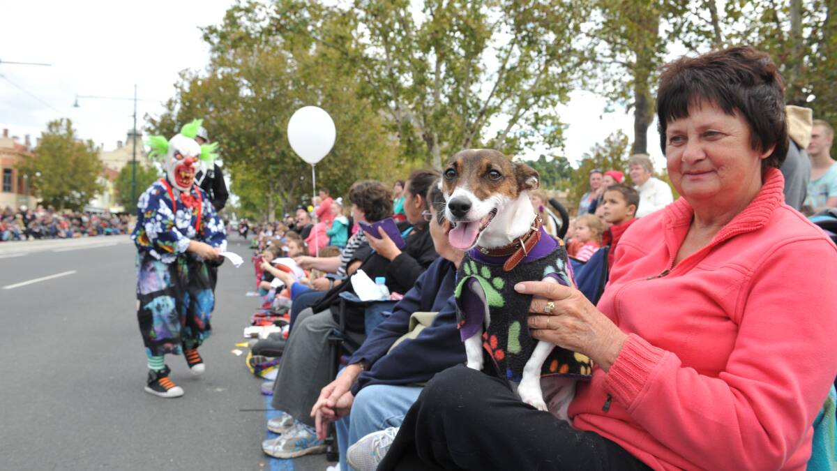 Patchy the Terrier and Carol Rowe watch the parade