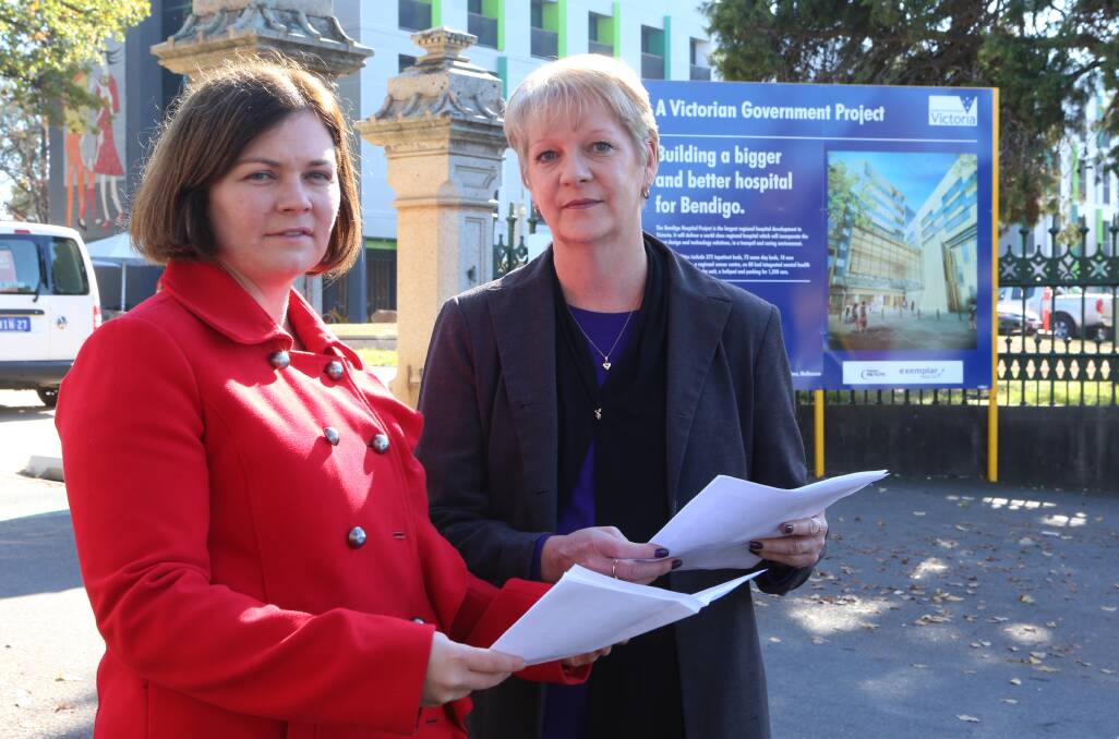 CONCERNED: Lisa Chesters and Maree Edwards outside Bendigo Hospital. Picture: PETER WEAVING
